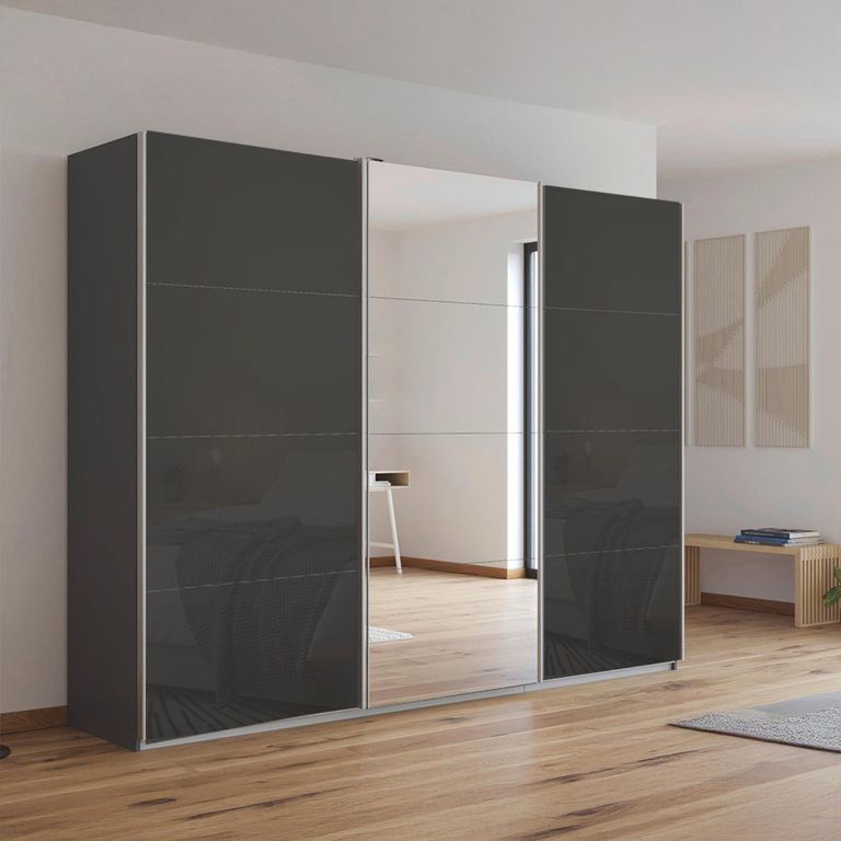 Kulmbach Sliding Mirror Wardrobe - 271cm - 3 Door - Metallic Dark Grey & Basalt Glass