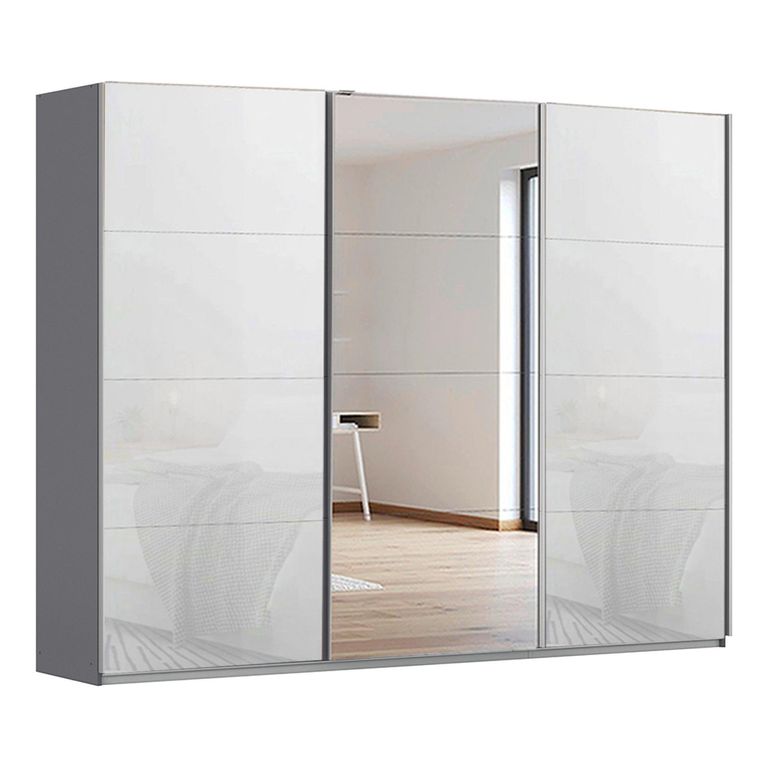Kulmbach Sliding Mirror Wardrobe - 271cm - 3 Door - Metallic Dark Grey & White Glass