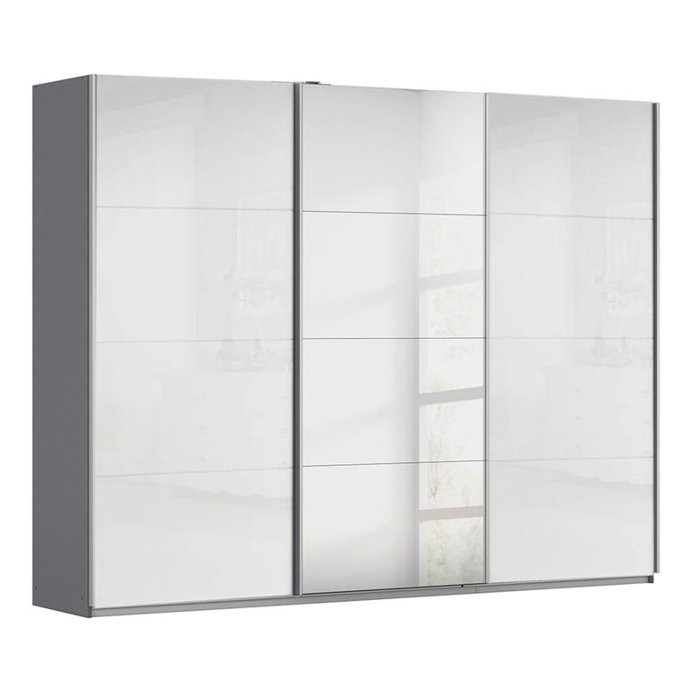 Kulmbach Sliding Mirror Wardrobe - 271cm - 3 Door - Metallic Dark Grey & White High Gloss
