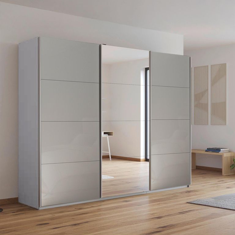 Kulmbach Sliding Mirror Wardrobe - 271cm - 3 Door - Silk Grey & Grey High Gloss