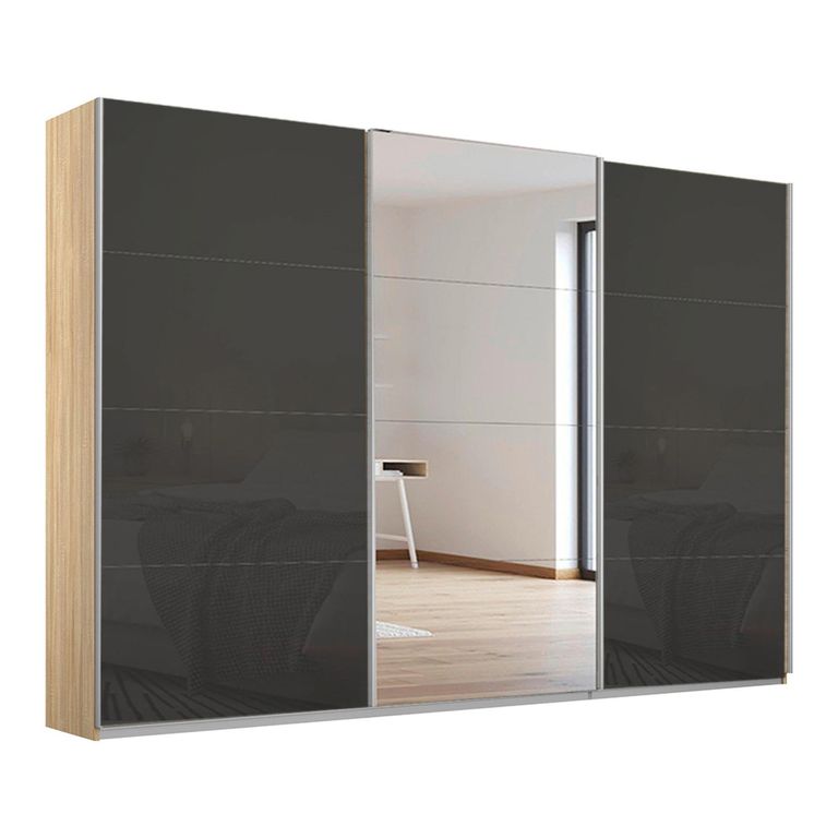 Kulmbach Sliding Mirror Wardrobe - 271cm - 3 Door - Sonoma Oak & Basalt Glass