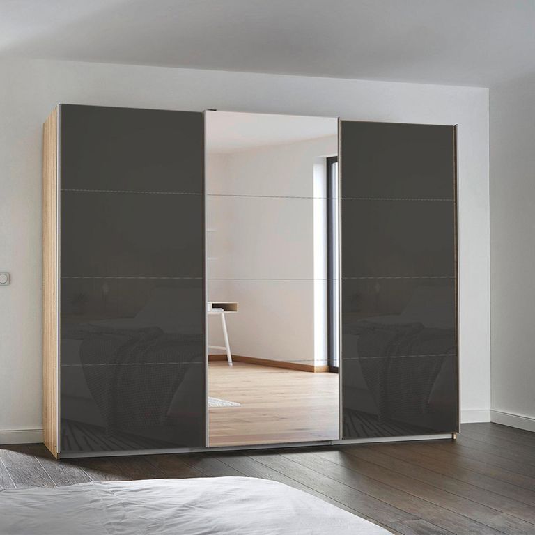 Kulmbach Sliding Mirror Wardrobe - 271cm - 3 Door - Sonoma Oak & Basalt Glass