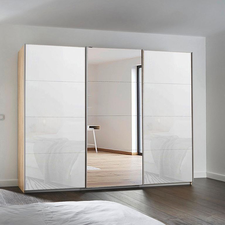 Kulmbach Sliding Mirror Wardrobe - 271cm - 3 Door - Sonoma Oak & White Glass