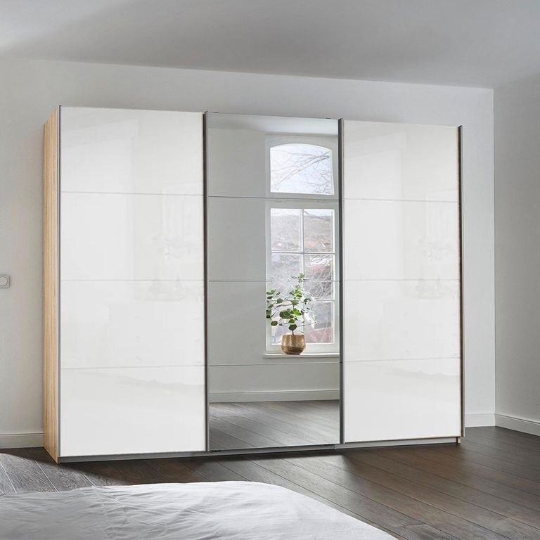Kulmbach Sliding Mirror Wardrobe - 271cm - 3 Door - Sonoma Oak & White High Gloss