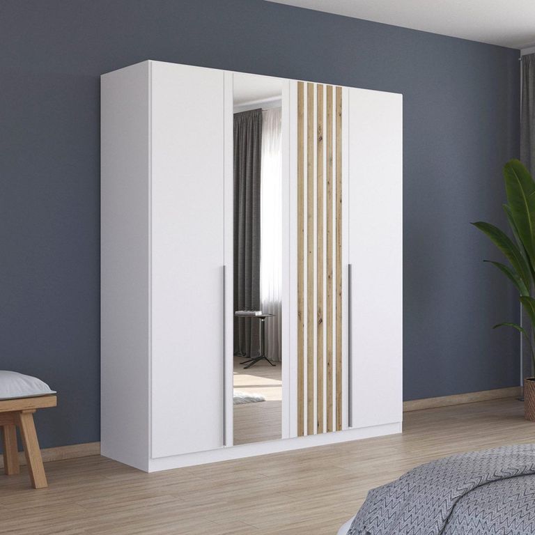 Rauch Lamella 181cm 4 Door Wardrobe with Mirror - Alpine White and Artisan Oak