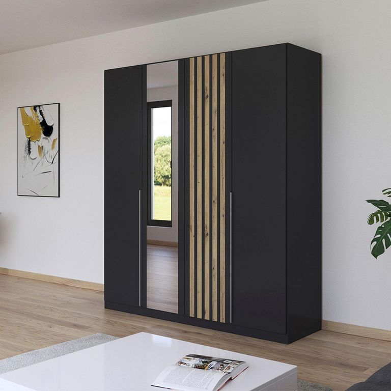 Rauch Lamella 181cm 4 Door Wardrobe with Mirror - Metallic Dark Grey and Artisan Oak