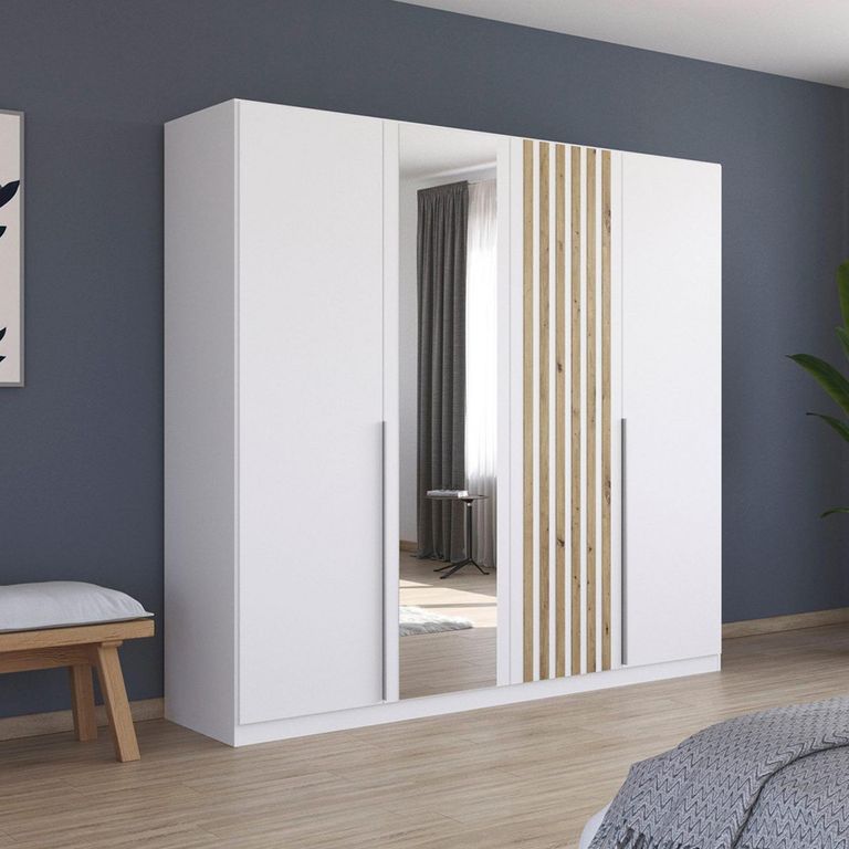Rauch Lamella 226cm 4 Door Wardrobe with Mirror - Alpine White and Artisan Oak