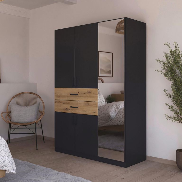 Maika Wardrobe - 136cm - 5 Door - Combi - H197cm - Metallic Dark Grey & Artisan Oak