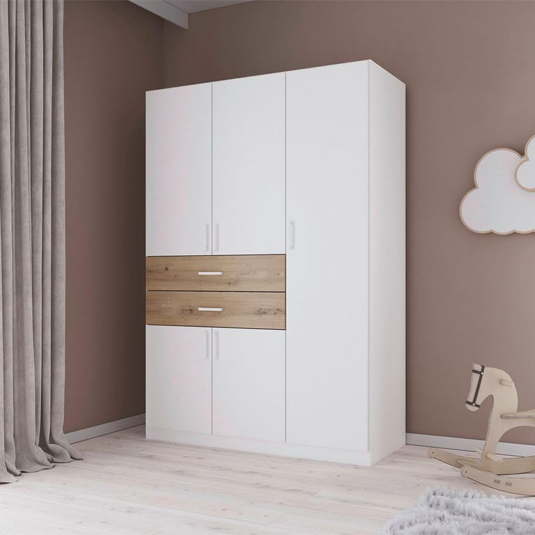 Rauch Maika 136cm 5 Door Wardrobe - H 197cm - Alpine White and Artisan Oak