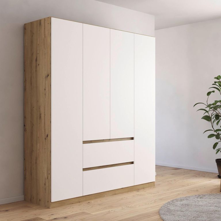 Rauch Mainz Plus 181cm 4 Door Wardrobe with Drawer - Sonoma Oak and White High Gloss