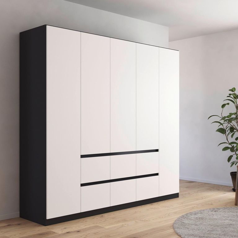 Rauch Mainz Plus 226cm 5 Door Wardrobe with Drawer - Metallic Dark Grey and White High Gloss
