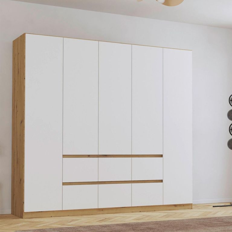 Rauch Mainz Plus 226cm 5 Door Wardrobe with Drawer - Sonoma Oak and White High Gloss