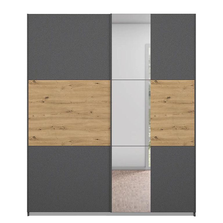 Rauch Miro 175cm 2 Door Sliding Wardrobe with Mirror - Metallic Dark Grey and Artisan Oak
