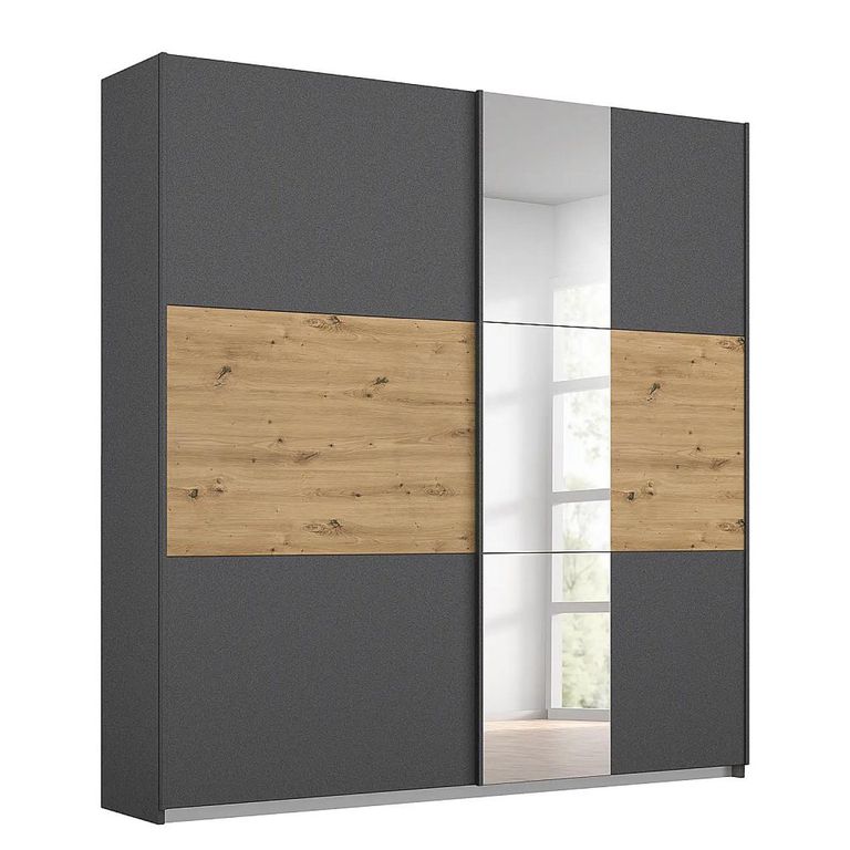 Rauch Miro 175cm 2 Door Sliding Wardrobe with Mirror - Metallic Dark Grey and Artisan Oak