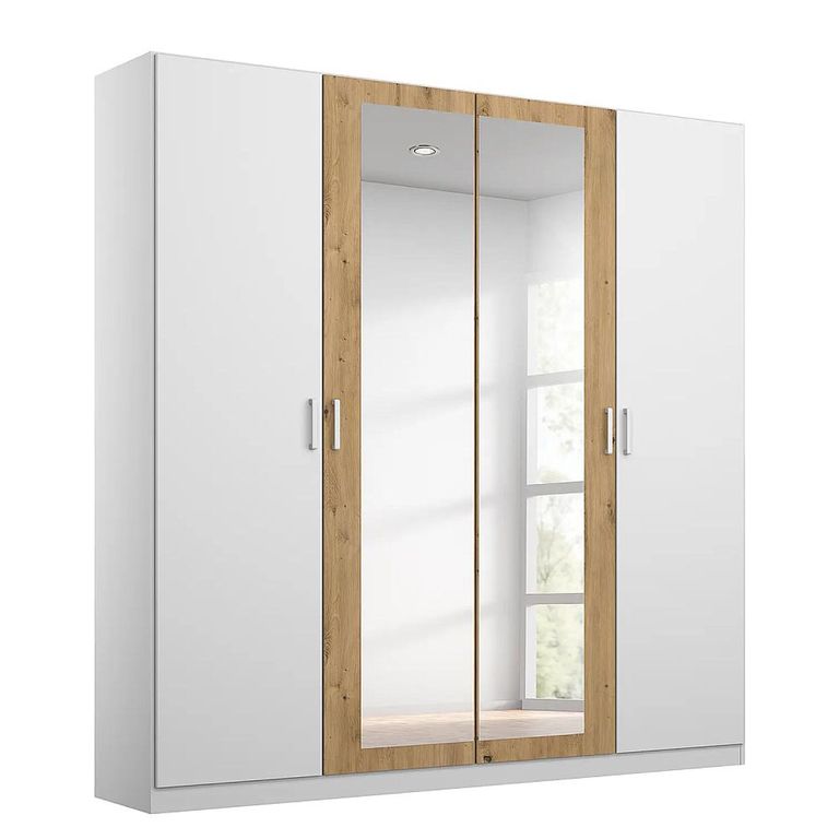Rauch Miro 181cm 4 Door Wardrobe with Mirror - Alpine White and Artisan Oak
