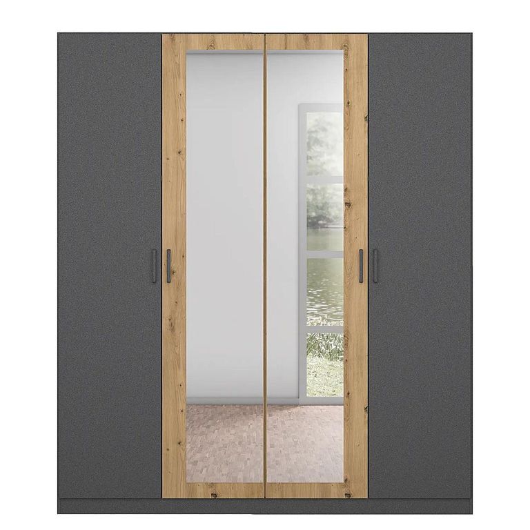 Rauch Miro 181cm 4 Door Wardrobe with Mirror - Metallic Dark Grey and Artisan Oak