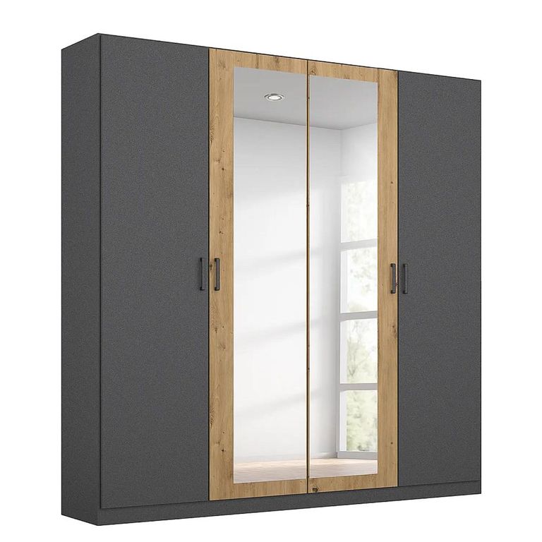 Rauch Miro 181cm 4 Door Wardrobe with Mirror - Metallic Dark Grey and Artisan Oak