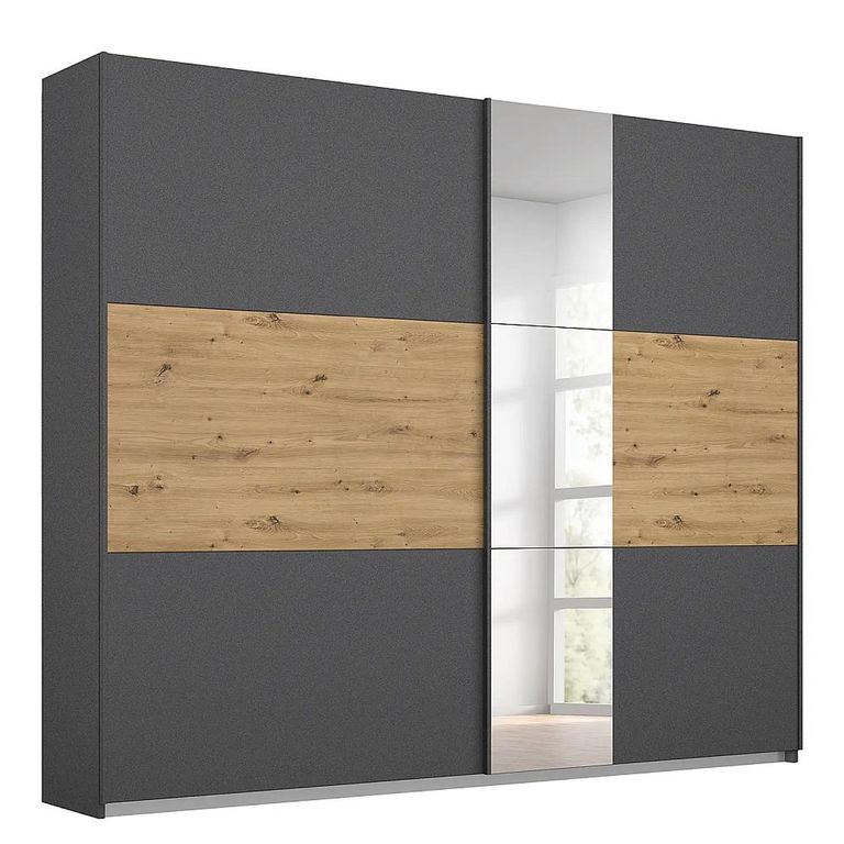 Rauch Miro 218cm 2 Door Sliding Wardrobe with Mirror - Metallic Dark Grey and Artisan Oak