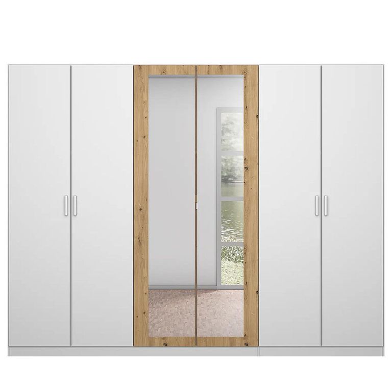 Rauch Miro 271cm 6 Door Wardrobe with Mirror - Alpine White and Artisan Oak