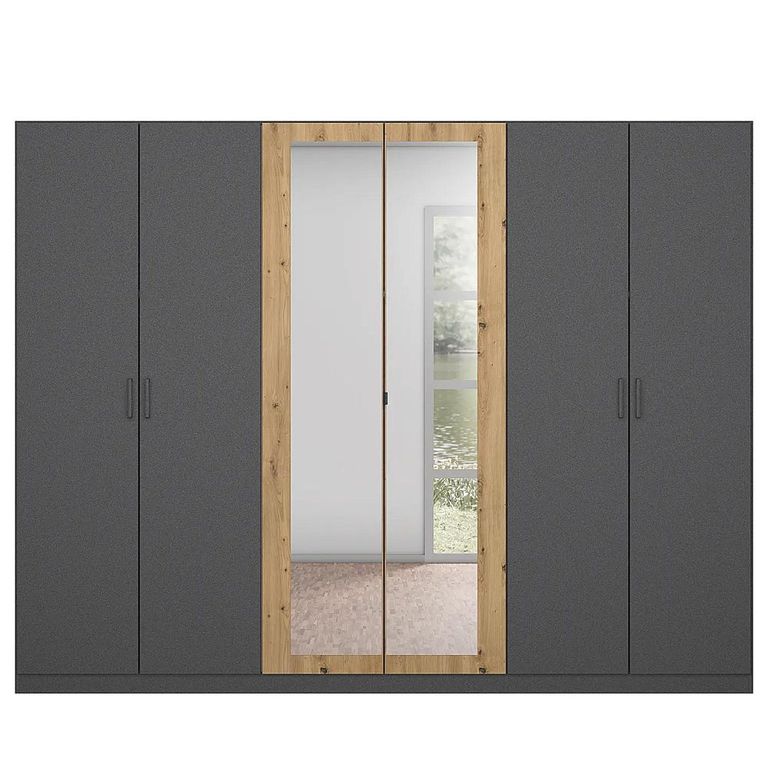 Rauch Miro 271cm 6 Door Wardrobe with Mirror - Metallic Dark Grey and Artisan Oak