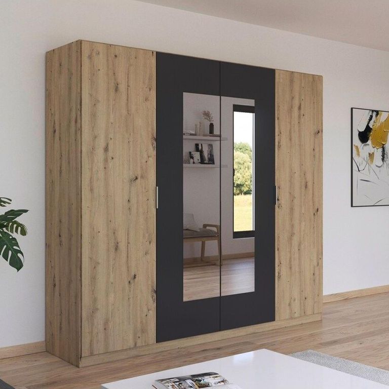 Rauch Monza 226cm 4 Door Wardrobe with Mirror - Artisan Oak and Metallic Dark Grey
