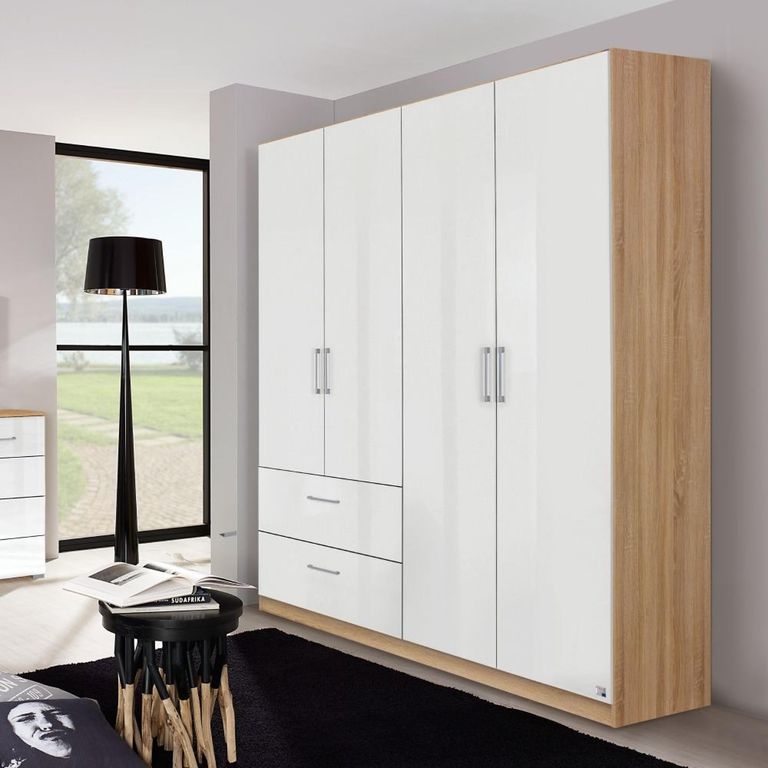 Rauch Morella 181cm 4 Door Wardrobe with Drawer - Sonoma Oak and White High Gloss
