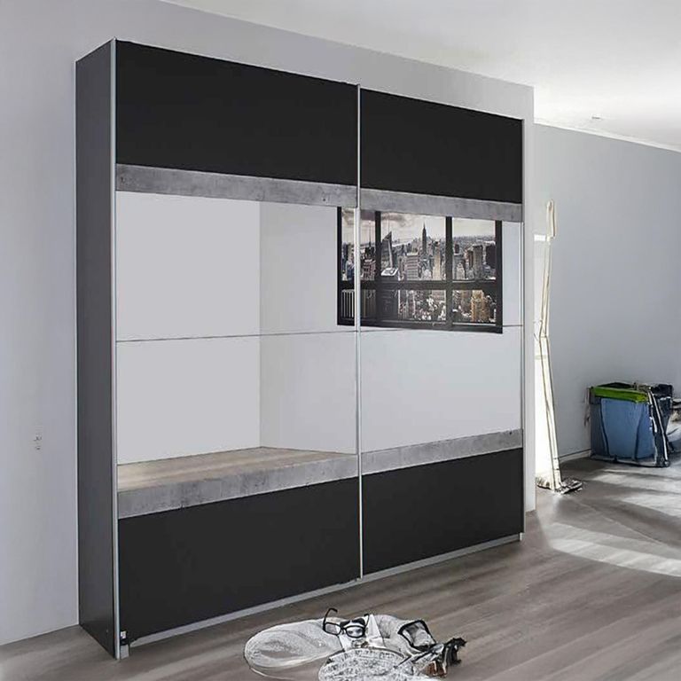 Rauch Penzberg 181cm 2 Door Sliding Wardrobe with Mirror - Metallic Dark Grey and Stone Grey