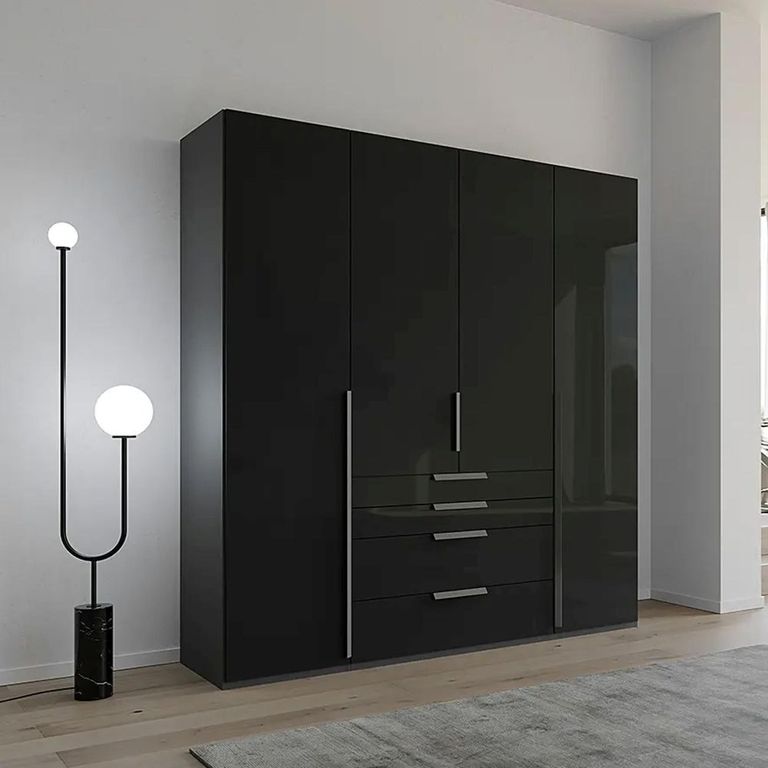 Purisma Wardrobe - 201cm - 4 Door - 4 Drawer - Graphite & Basalt Glass