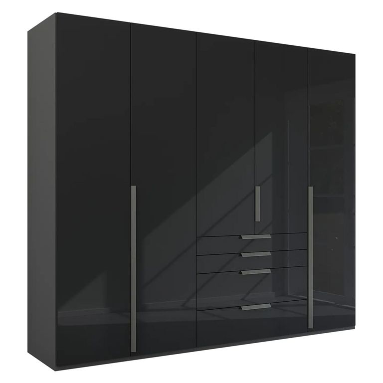 Purisma Wardrobe - 251cm - 5 Door - 4 Drawer - Graphite & Basalt Glass