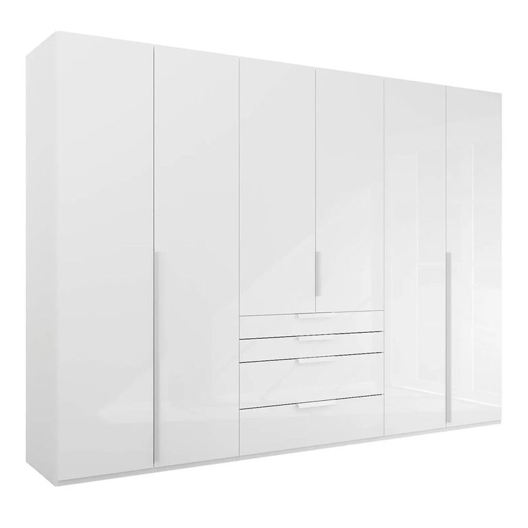 Purisma Wardrobe - 301cm - 6 Door - 4 Drawer - Alpine White & Crystal White Glass