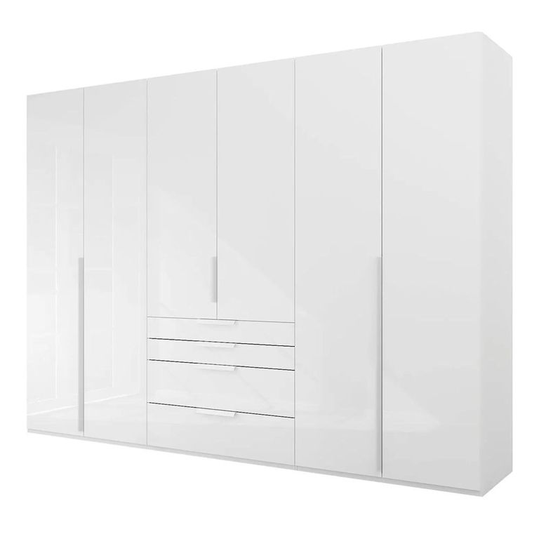 Purisma Wardrobe - 301cm - 6 Door - 4 Drawer - Alpine White & Crystal White Glass