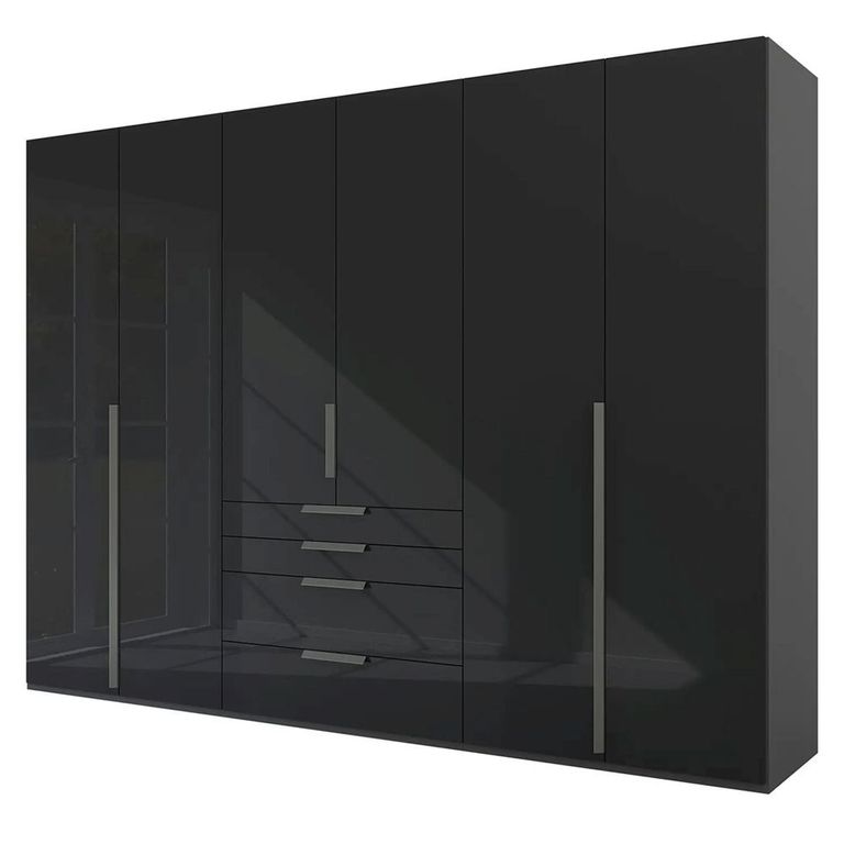 Purisma Wardrobe - 301cm - 6 Door - 4 Drawer - Graphite & Basalt Glass