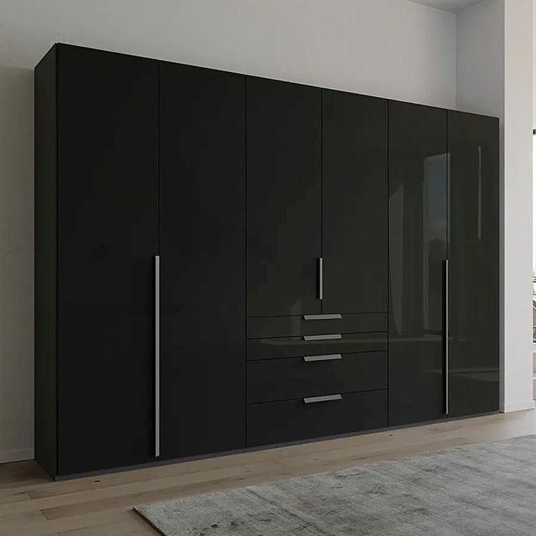 Purisma Wardrobe - 301cm - 6 Door - 4 Drawer - Graphite & Basalt Glass