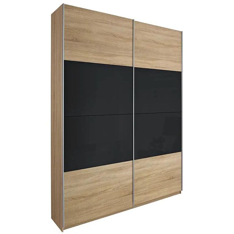 Quadra Sliding Wardrobe - 136cm - 2 Door - Sonoma Oak & Basalt Glass