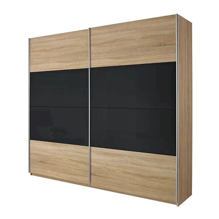 Quadra Sliding Wardrobe - 226cm - 2 Door - with Extras - Sonoma Oak & Basalt Glass