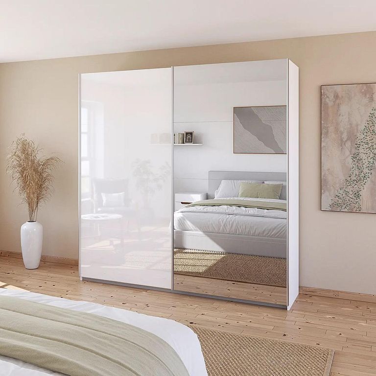 Rauch Quadra 226cm 2 Door Sliding Wardrobe with Mirror - Alpine White and High Gloss White