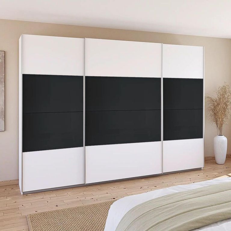 Quadra Sliding Wardrobe - 315cm - 3 Door - Alpine White & Basalt Glass