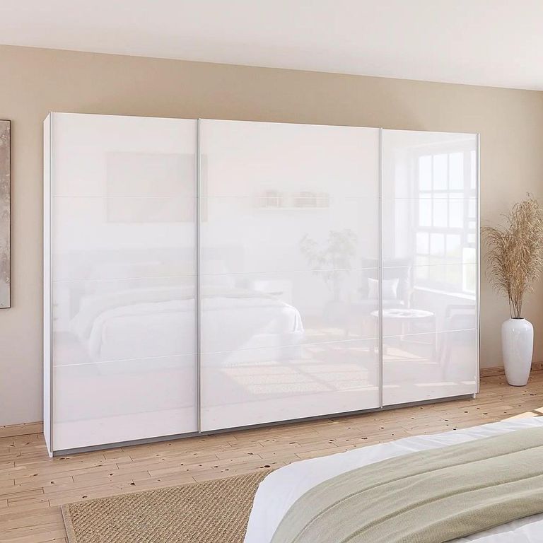 Quadra Sliding Wardrobe - 315cm - 3 Door - Alpine White & High Gloss White