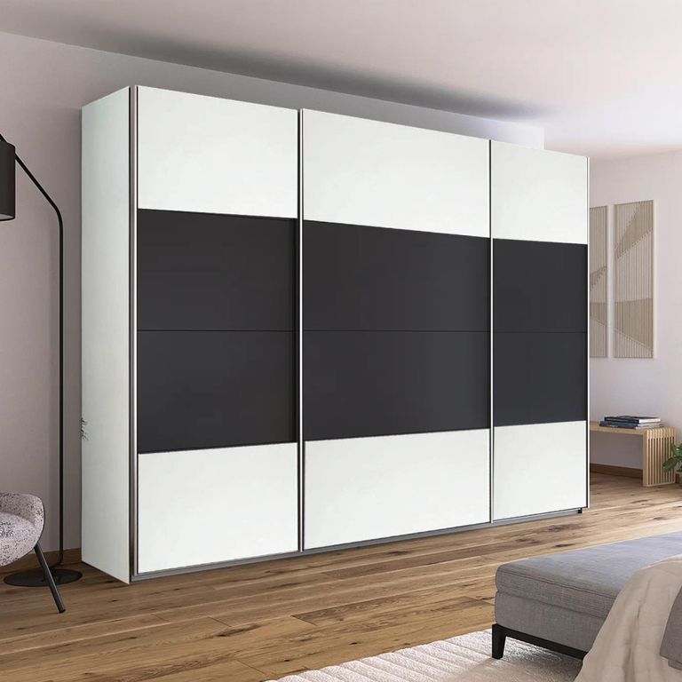 Quadra Sliding Wardrobe - 315cm - 3 Door - Alpine White & Metallic Dark Grey