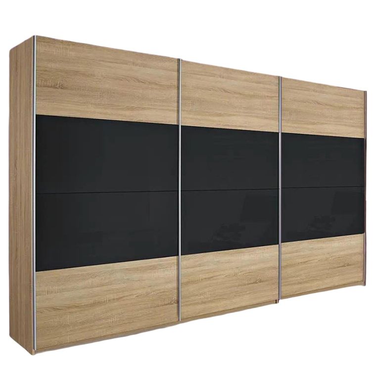 Quadra Sliding Wardrobe - 315cm - 3 Door - Sonoma Oak & Basalt Glass