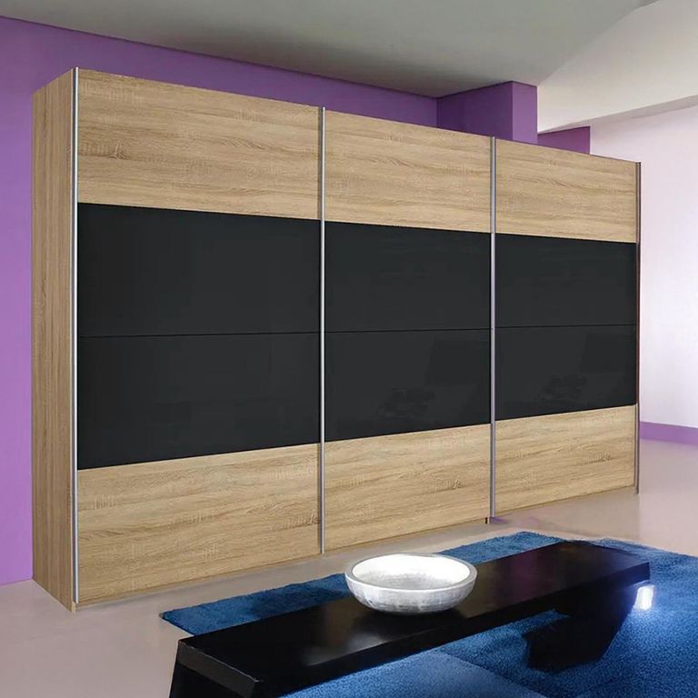Quadra Sliding Wardrobe - 315cm - 3 Door - Sonoma Oak & Basalt Glass