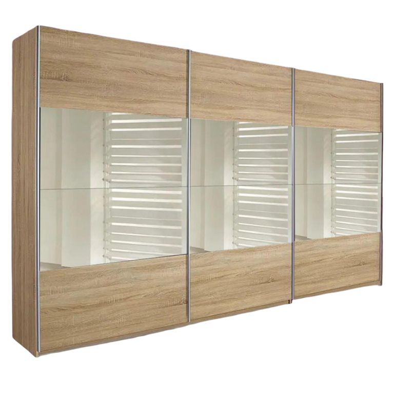 Quadra Sliding Wardrobe - 315cm - 3 Door - Sonoma Oak & Champagne Glass