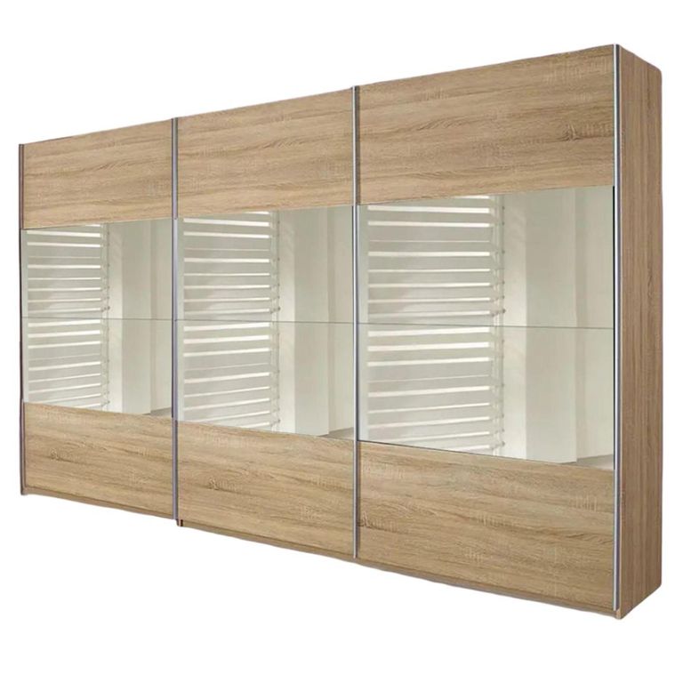 Quadra Sliding Wardrobe - 315cm - 3 Door - Sonoma Oak & Champagne Glass