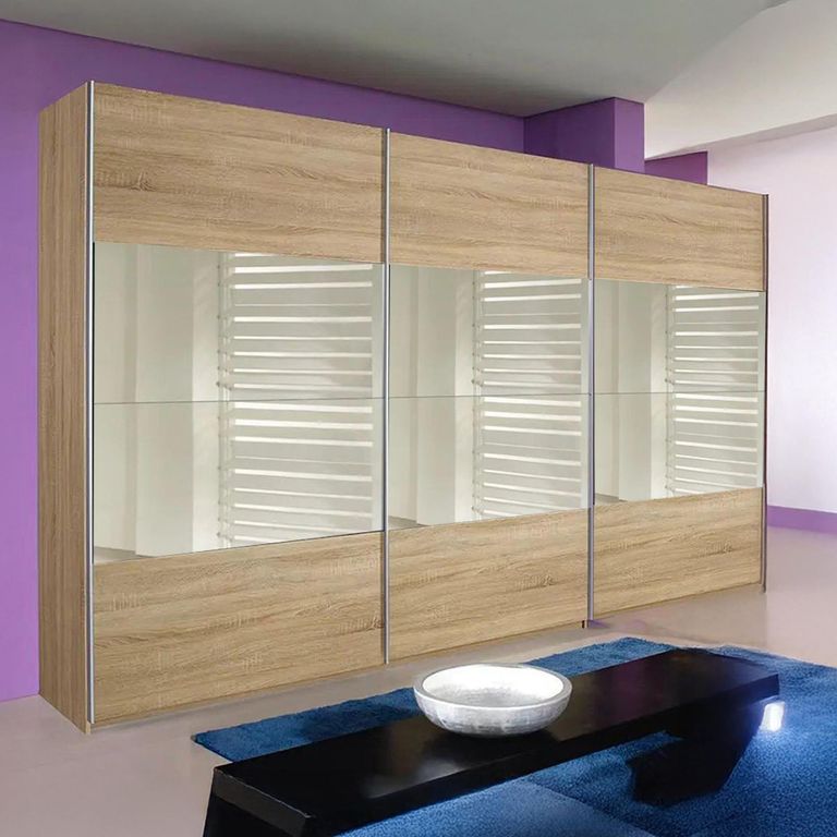 Quadra Sliding Wardrobe - 315cm - 3 Door - Sonoma Oak & Champagne Glass