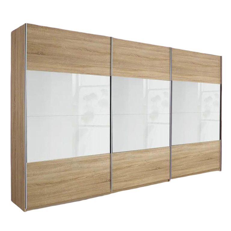 Quadra Sliding Wardrobe - 315cm - 3 Door - Sonoma Oak & White Glass