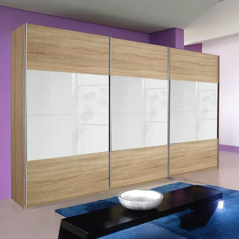 Quadra Sliding Wardrobe - 315cm - 3 Door - Sonoma Oak & White Glass