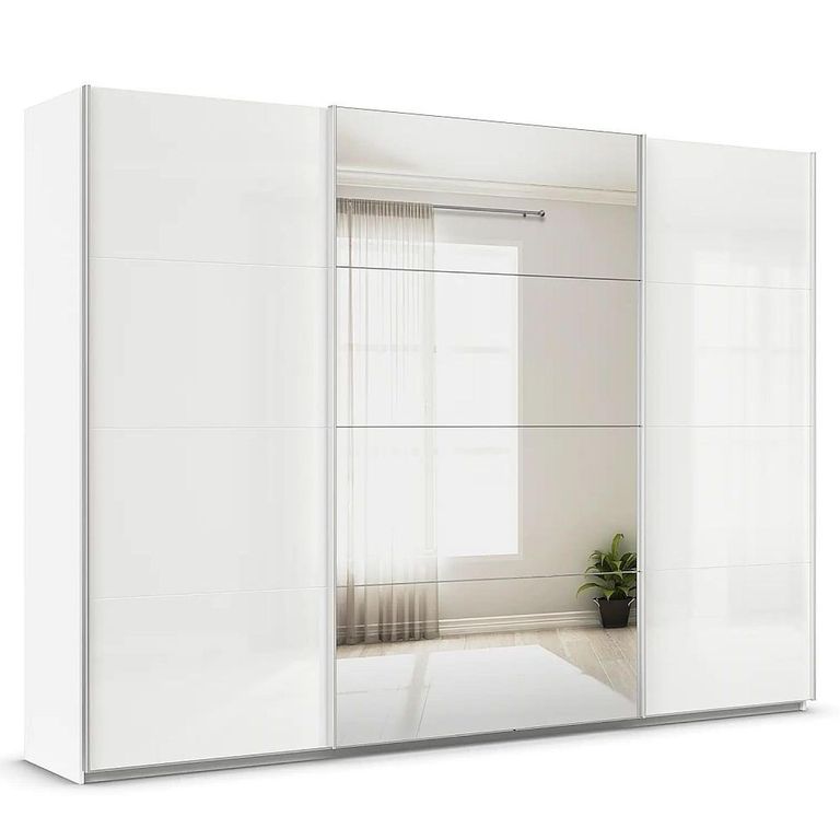 Quadra Sliding Wardrobe - 315cm - 3 Door - Mirror - Alpine White & High Gloss White