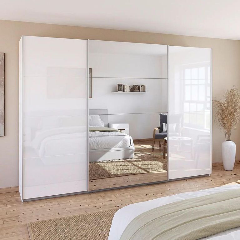Quadra Sliding Wardrobe - 315cm - 3 Door - Mirror - Alpine White & High Gloss White