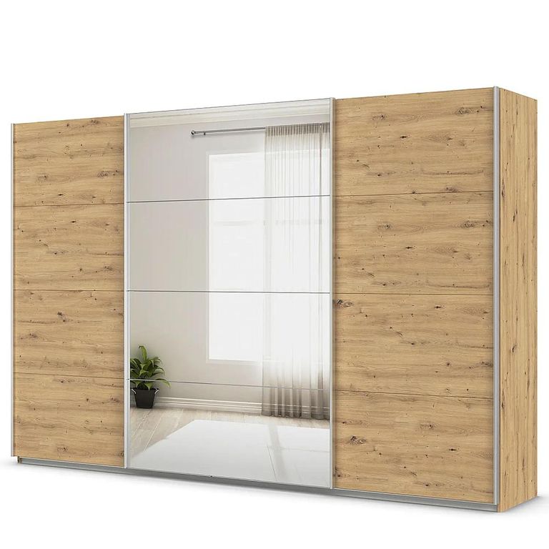 Quadra Sliding Wardrobe - 315cm - 3 Door - Mirror - Artisan Oak