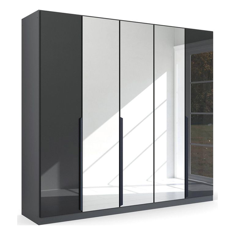 Rauch Quadra Spin 226cm 5 Door Wardrobe with Mirror - Metallic Dark Grey and Basalt Glass